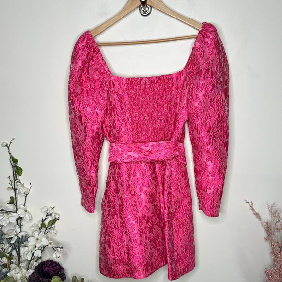 & OTHER STORIES Jacquard Puff Sleeve Belted Mini Dress Pink Sz 6 {D53} - Picture 6 of 8
